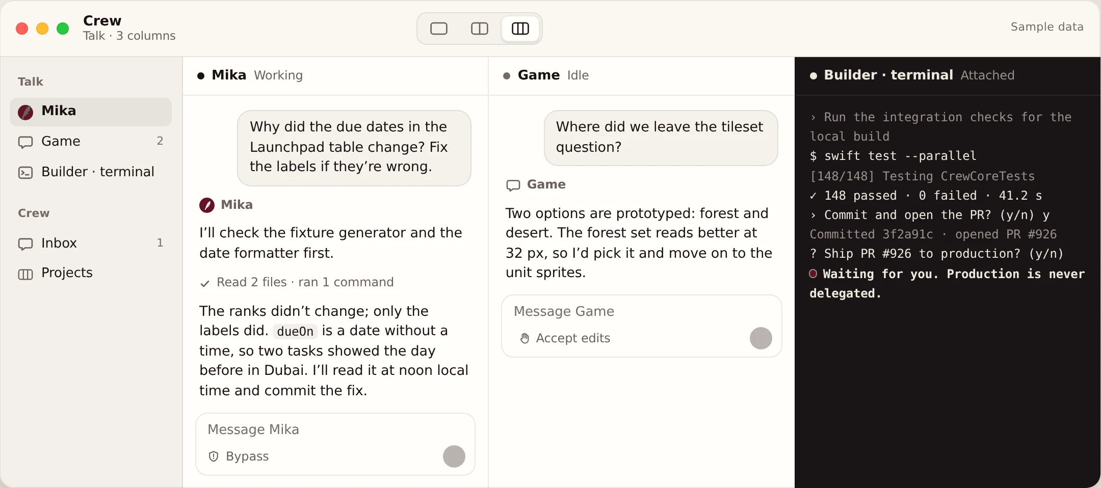 Crew landing-page mockup showing conversations side by side, using sample data.
