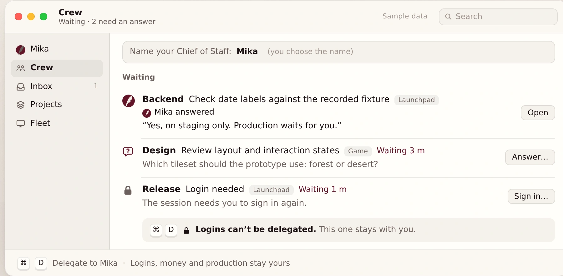 Crew landing-page mockup showing the Chief of Staff and waiting work, using sample data.